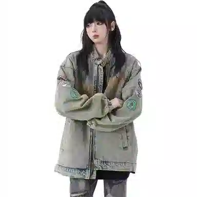 悍戈 美式复古高街重工水洗做旧拼接刺绣设计感百搭休闲牛仔外套夹克 男女同款
