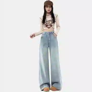 木清清 宽松阔腿高腰百搭垂感拖地牛仔裤 女款