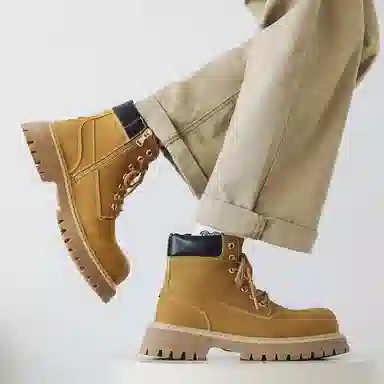马丁靴男女同款情侣短靴 增高大黄靴 英伦风侧拉链户外登山工装靴