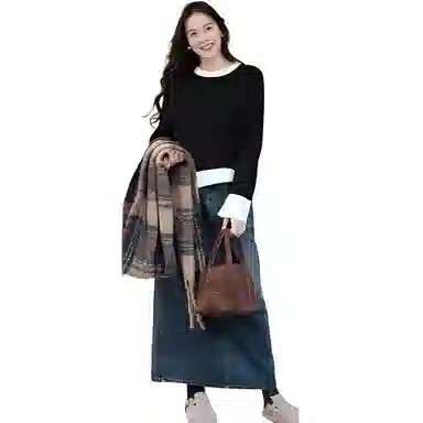 美洋 纯色一体绒双袋高腰直筒半身牛仔长裙 女款 复古蓝