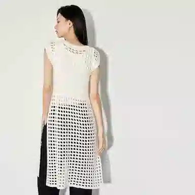 美洋 纯色镂空圆领无袖连衣裙 白色