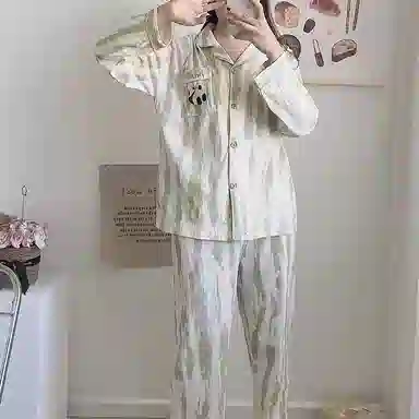 夏芬妍 简约舒适休闲不规则条纹熊猫印花翻领开衫纯棉家居服亲肤柔软长袖长裤可外穿睡衣礼盒 女款 浅绿色