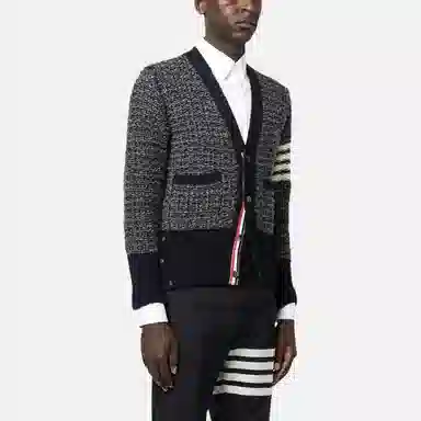 THOM BROWNE Mohair Tweed 4-Bar Classic V-Neck Cardigan V