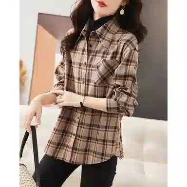 【dme】 格子尖领长袖衬衫 女款 卡其
