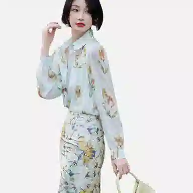 【dme】 印花休闲通勤尖领长袖衬衫 女款 黄色