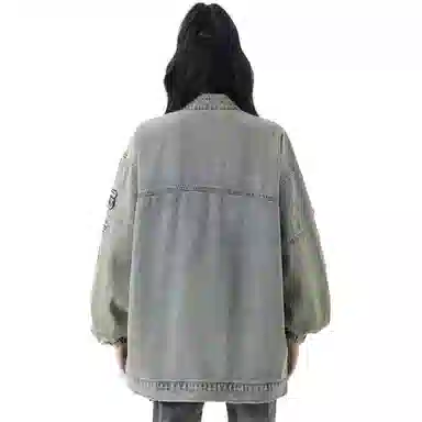 悍戈 美式复古高街重工水洗做旧拼接刺绣设计感百搭休闲牛仔外套夹克 男女同款