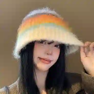 【秋冬日必备~多巴胺】 攸委 韩版通勤百搭可爱拼色彩色条纹针织渔夫帽女冬季保暖 羊驼毛混纺 毛绒毛线帽护耳冷帽盆帽 男女同款情侣款