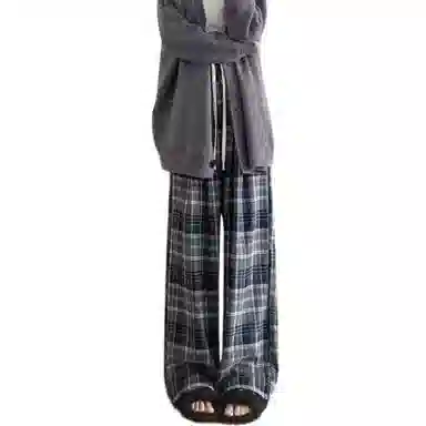 欧迪芬 黄色格子春秋街头风高腰长裤休闲裤 女款