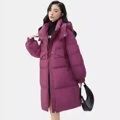 鸭鸭 纯色宽松连帽中长款羽绒服 女款 黑色