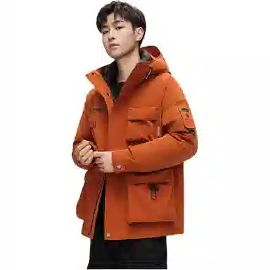 鸭鸭 山系字母印花立体多口袋设计连帽保暖羽绒服 男女同款