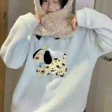 夏芬妍 简约甜美风可爱斑点狗圆领亲肤休闲舒适长袖长裤可外穿睡衣套装 女款 蓝色