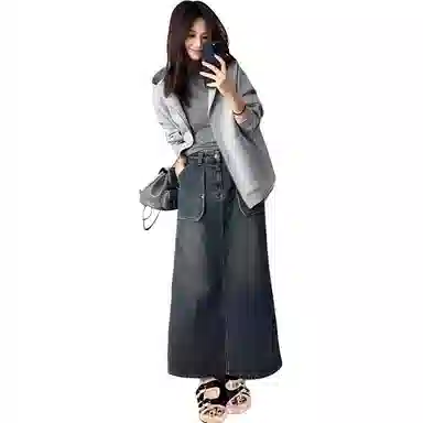 美洋 纯色一体绒双袋高腰直筒半身牛仔长裙 女款 复古蓝