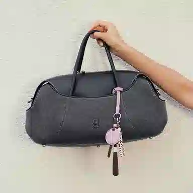 古良吉吉 通勤时尚拉链开合 头层牛皮 棒球波士顿包单肩斜挎包 大号 女款 帆布白/帆布黑/复古牛仔