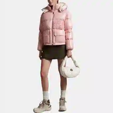 Moncler Logo Embroidered Hoodie Down Jacket Pink