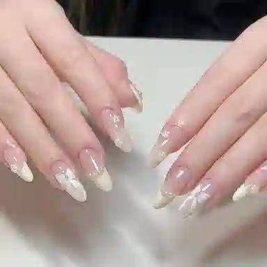 柚予颜 手工穿戴甲珍珠小千金蝴蝶结法式温柔气质高级感显白美甲  杏仁尖型裸色渐变 纯欲