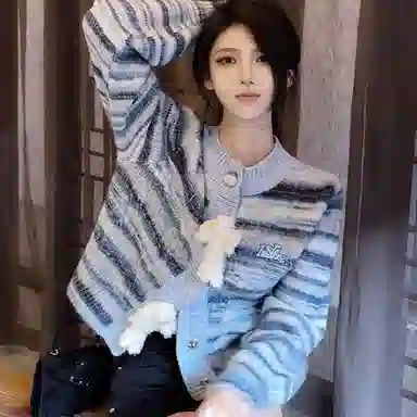桴生 法式立体小熊彩虹条纹开衫女秋宽松日系软糯减龄可爱外套针织衫 女款