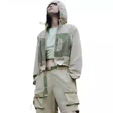 中国李宁 拼接拉链连帽反光防泼水防晒宽松夹克外套 女款 卡其色