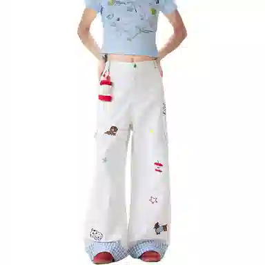 帝狼牛 潮牌复古卡通刺绣松弛感直筒拼接格子阔腿美式多口袋工装满印垂显瘦宽百搭休闲裤 男女同款