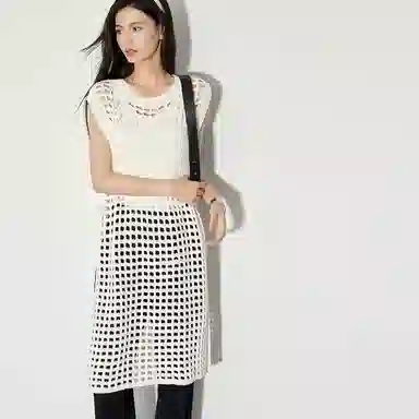 美洋 纯色镂空圆领无袖连衣裙 白色