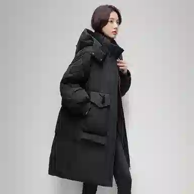 鸭鸭 纯色口袋连帽宽松中长款羽绒服 女款
