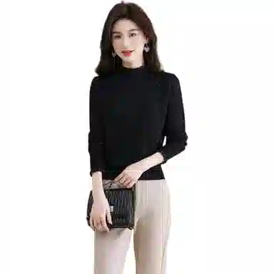 恒源祥 半高领花边蕾丝拼接打底纯色长袖针织衫 女款