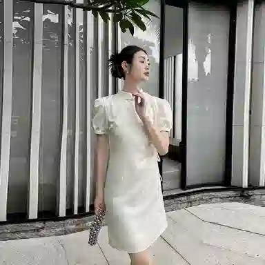 美洋 琼枝挽月裙自带书卷气~琵琶扣短袖提花短裙旗袍 女款