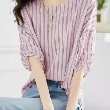 【dme】 休闲通勤法式落肩条纹短袖衬衫 女款 浅粉红
