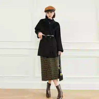 美洋 腰部松紧提花后部开叉针织半身裙 绿色