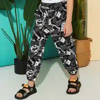 十月妈咪 童装 满印防蚊休闲裤 男童 黑色