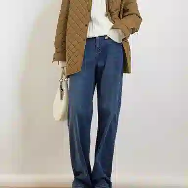 美洋 纯色高腰直筒牛仔裤 女款 深牛仔蓝