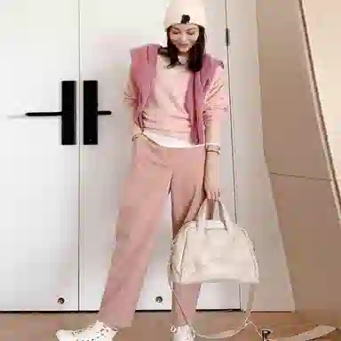 美洋 纯色锥形高腰九分休闲裤 女款 烟粉色