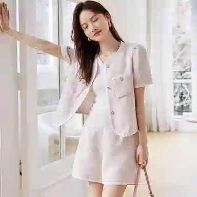 【dme】 圆领针织短袖上衣直筒短裤休闲运动套装 女款 浅粉红