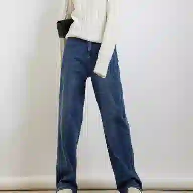 美洋 纯色高腰直筒牛仔裤 女款 深牛仔蓝