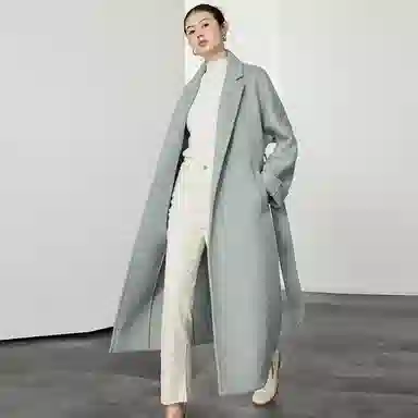 美洋 纯色混纺人字纹中长款双面呢大衣 女款 灰蓝色