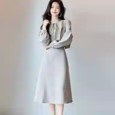 【dme】法式复古收腰气质中长款长袖连衣裙