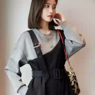 【dme】 假两件圆领套头长袖卫衣 女款 黑色