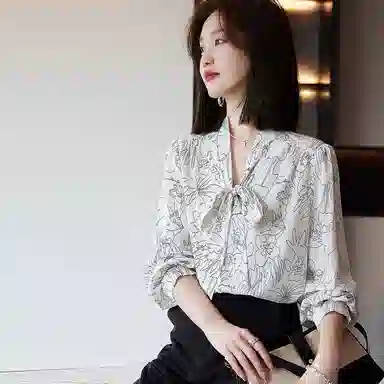 【dme】印花蝴蝶结长袖衬衫 女款 米白