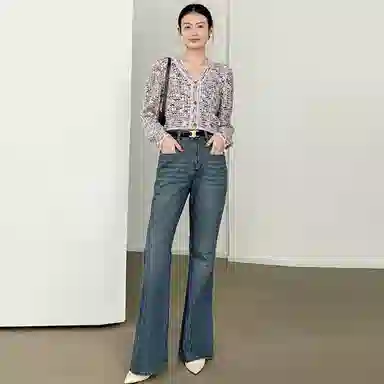 美洋 复古高腰休闲微喇牛仔裤 女款 深牛仔蓝