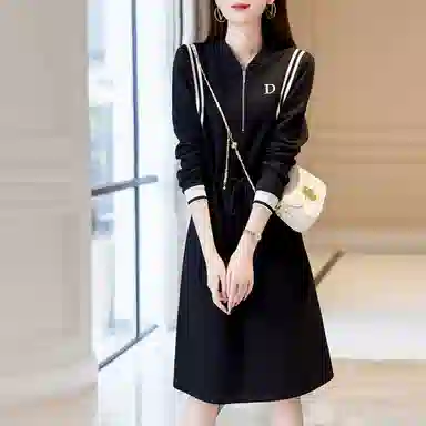 【dme】休闲宽松直筒纯色中腰长袖连衣裙 黑色
