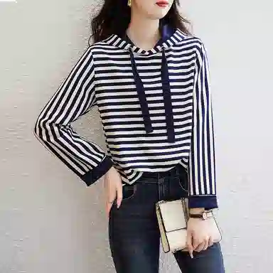【dme】 复古条纹连帽宽松长袖卫衣 女款 藏青