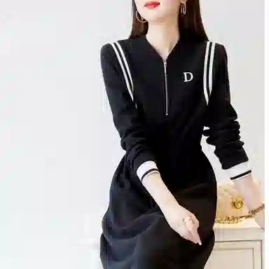 【dme】休闲宽松直筒纯色中腰长袖连衣裙 黑色