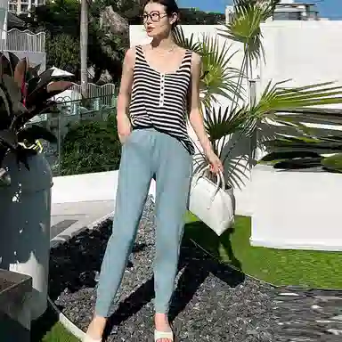 美洋 纯色哈伦九分长裤 女款 雾蓝色