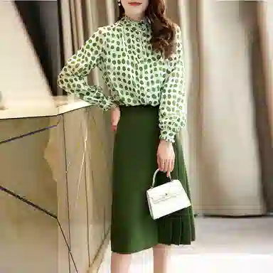 【dme】圆点印花长袖衬衫纯色褶皱半身裙裙装套装 女款 绿色