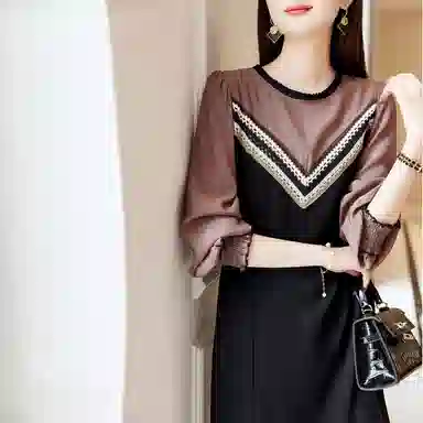 【dme】休闲圆领拼接中腰长袖连衣裙 黑色