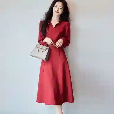 【dme】法式复古收腰气质中长款长袖连衣裙