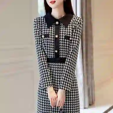 【dme】 格纹千鸟格长袖连衣裙 黑色