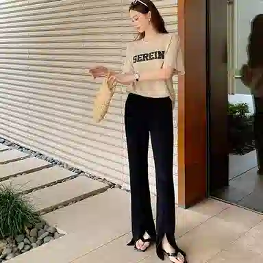 美洋 纯色直筒高腰开叉休闲裤 女款