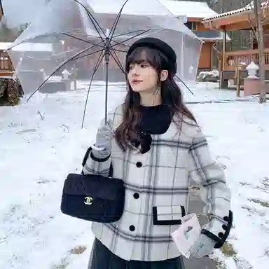 小镇姗姗 格纹方领双面呢大衣 女款 灰格子