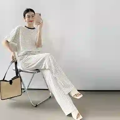 美洋 条纹高腰阔腿休闲裤 女款 米色