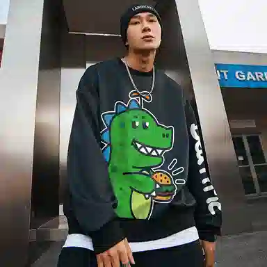 木村三社 小恐龙卡通印花宽松圆领卫衣 情侣款